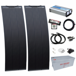 1.5kW complete dual battery van conversion kit with 2 x 150W black narrow semi-flexible solar panels, 200Ah 12V battery and 1500W 230V pure sine wave inverter