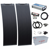 1.5kW complete dual battery van conversion kit with 2 x 150W black narrow semi-flexible solar panels, 200Ah 12V battery and 1500W 230V pure sine wave inverter