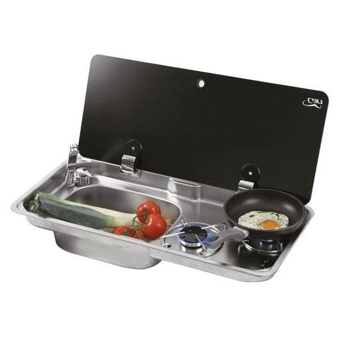 CAN Randi Hob & LH Sink Unit 765 x 355mm (Single Glass Lid / 2 Burners / Piezo)