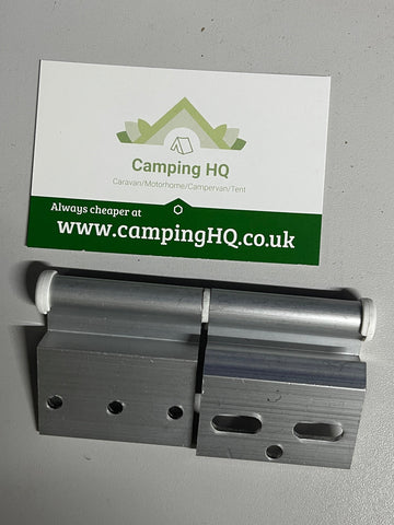 Metallic hinge on a gray background with a Camping HQ card.